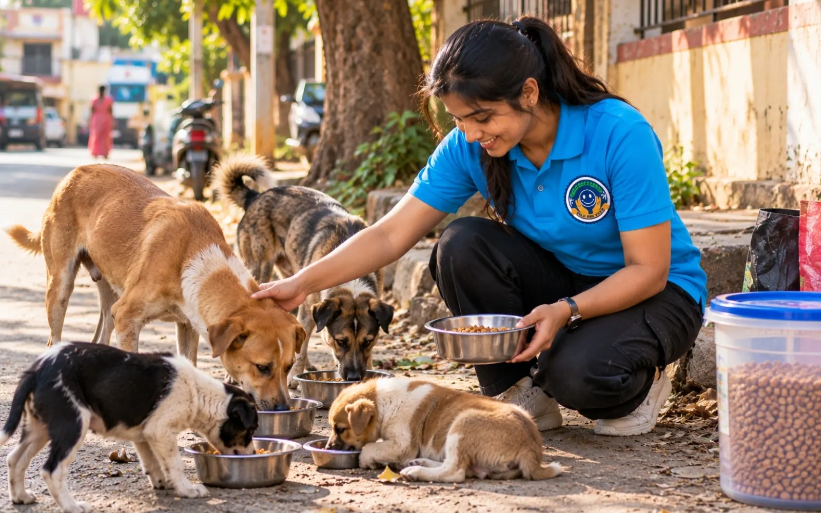 A volunteer feeding stray dogs and puppies
