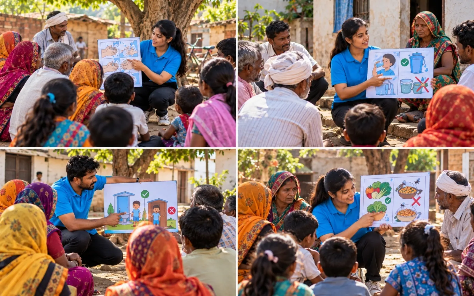 Volunteers running health and hygiene awareness sessions in a village