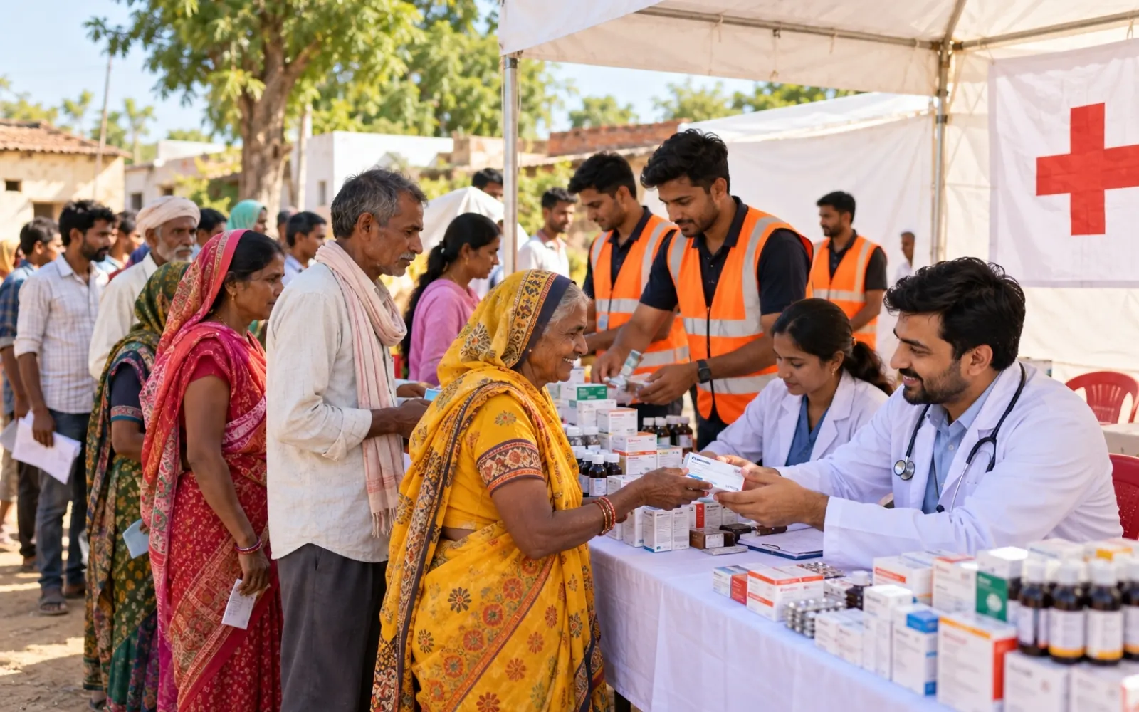 Doctors handing out free medicines at a health camp