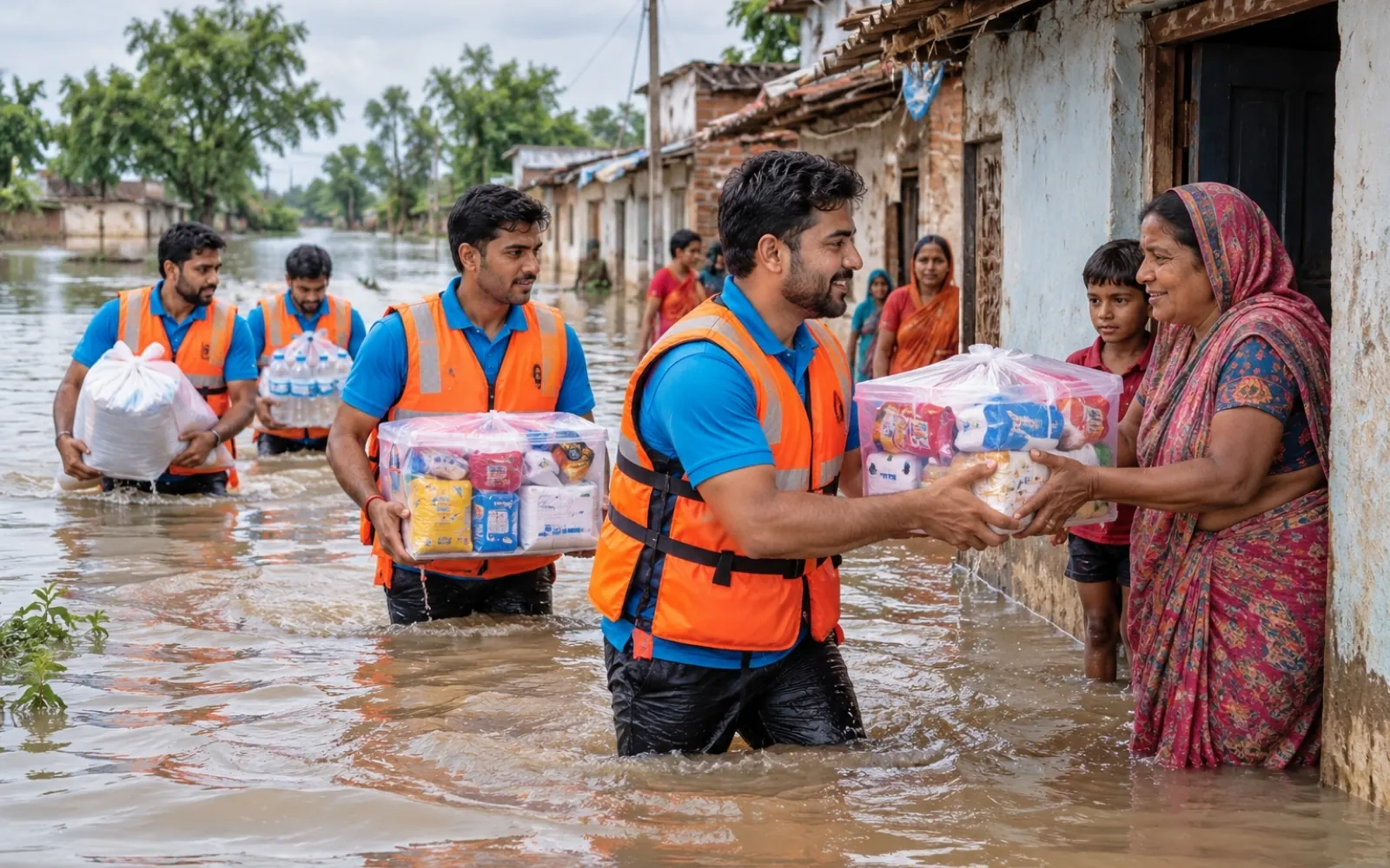 Volunteers wading through flood water with relief kits