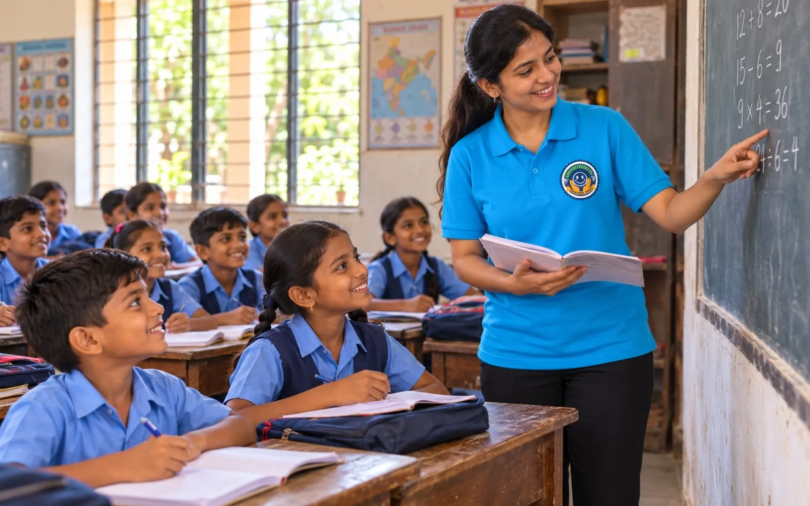 A volunteer teaching a class of school children