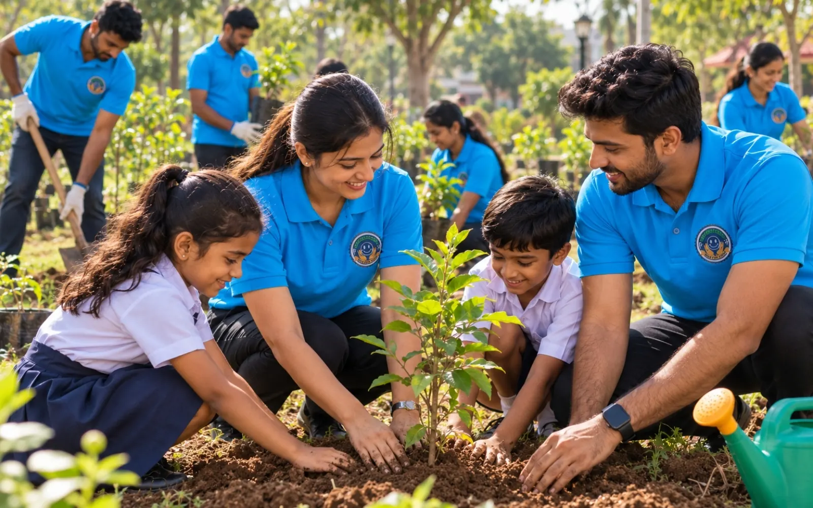 Volunteers planting a sapling with children