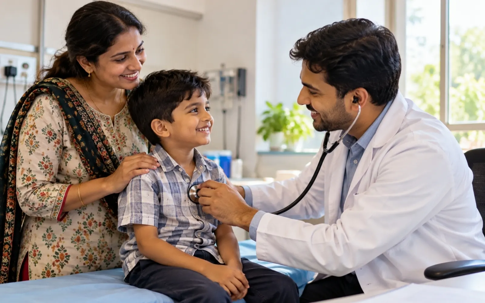 A doctor examining a child as his mother looks on