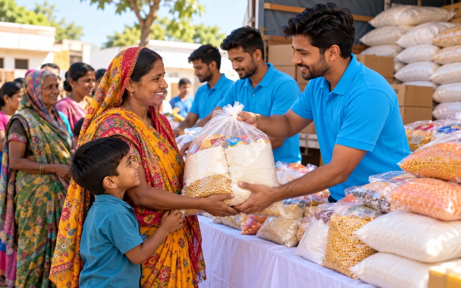 Volunteers handing a ration kit to a mother and child