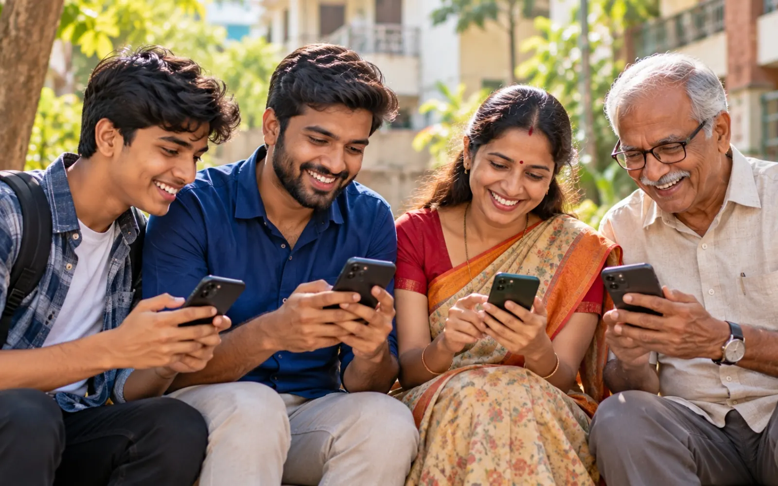 A family smiling at their phones