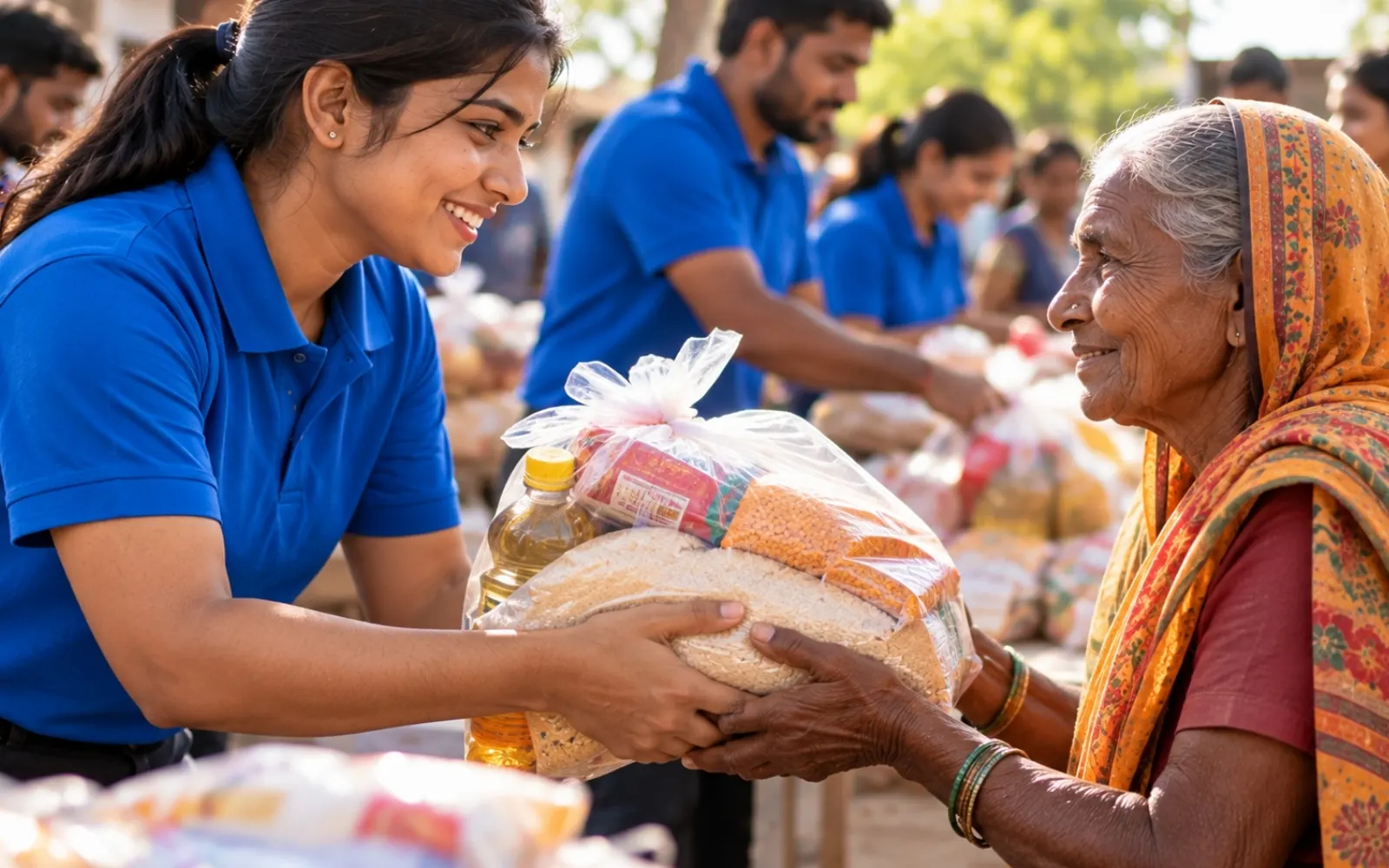 A volunteer handing a ration kit to an elderly woman