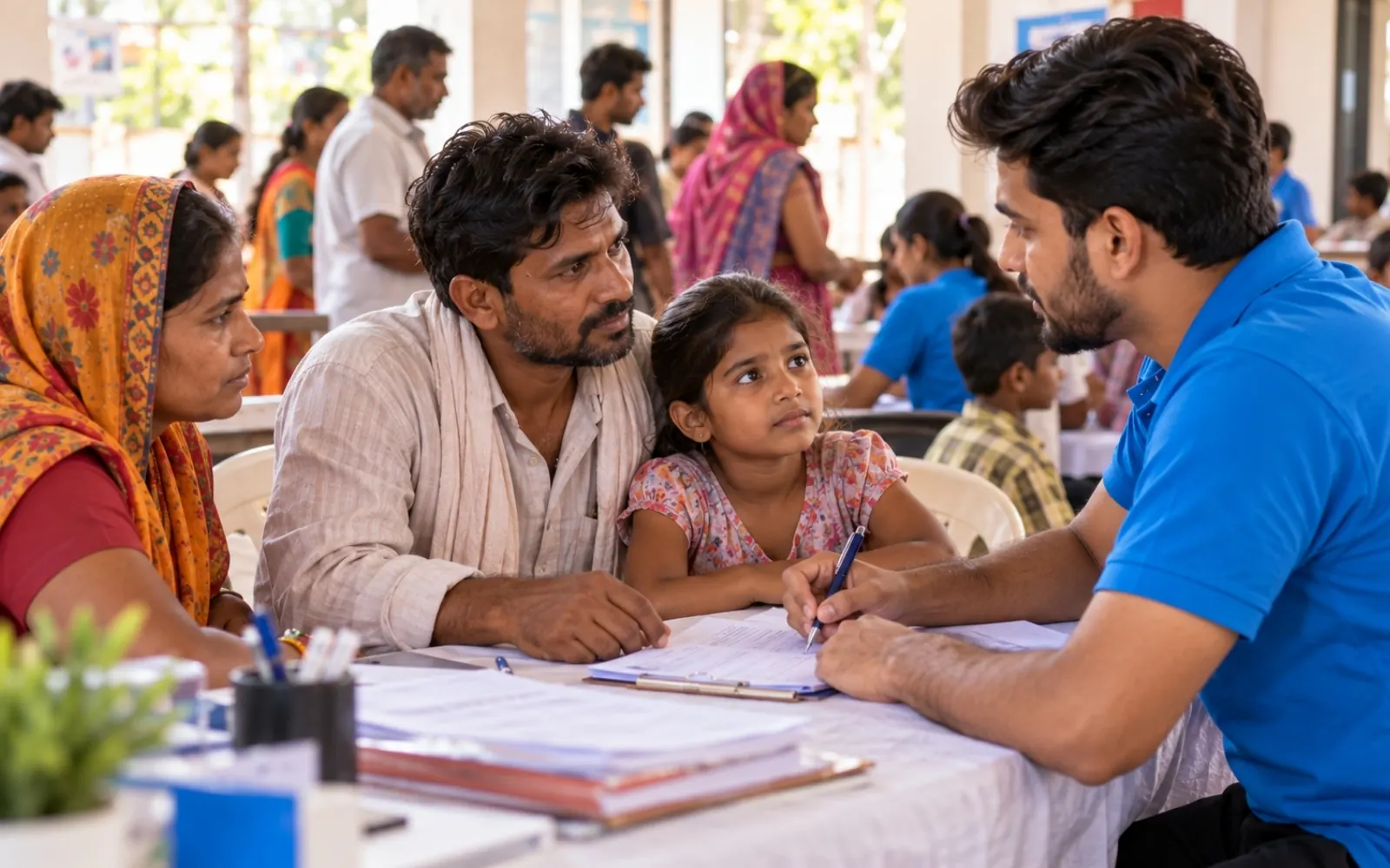 A volunteer helping a family fill in an application for help