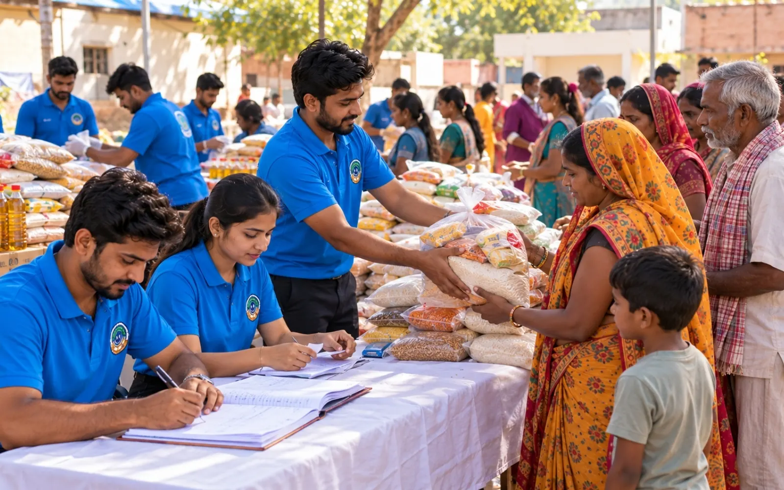 Volunteers registering families and distributing ration