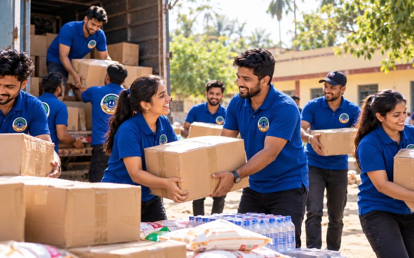 Volunteers unloading relief boxes together