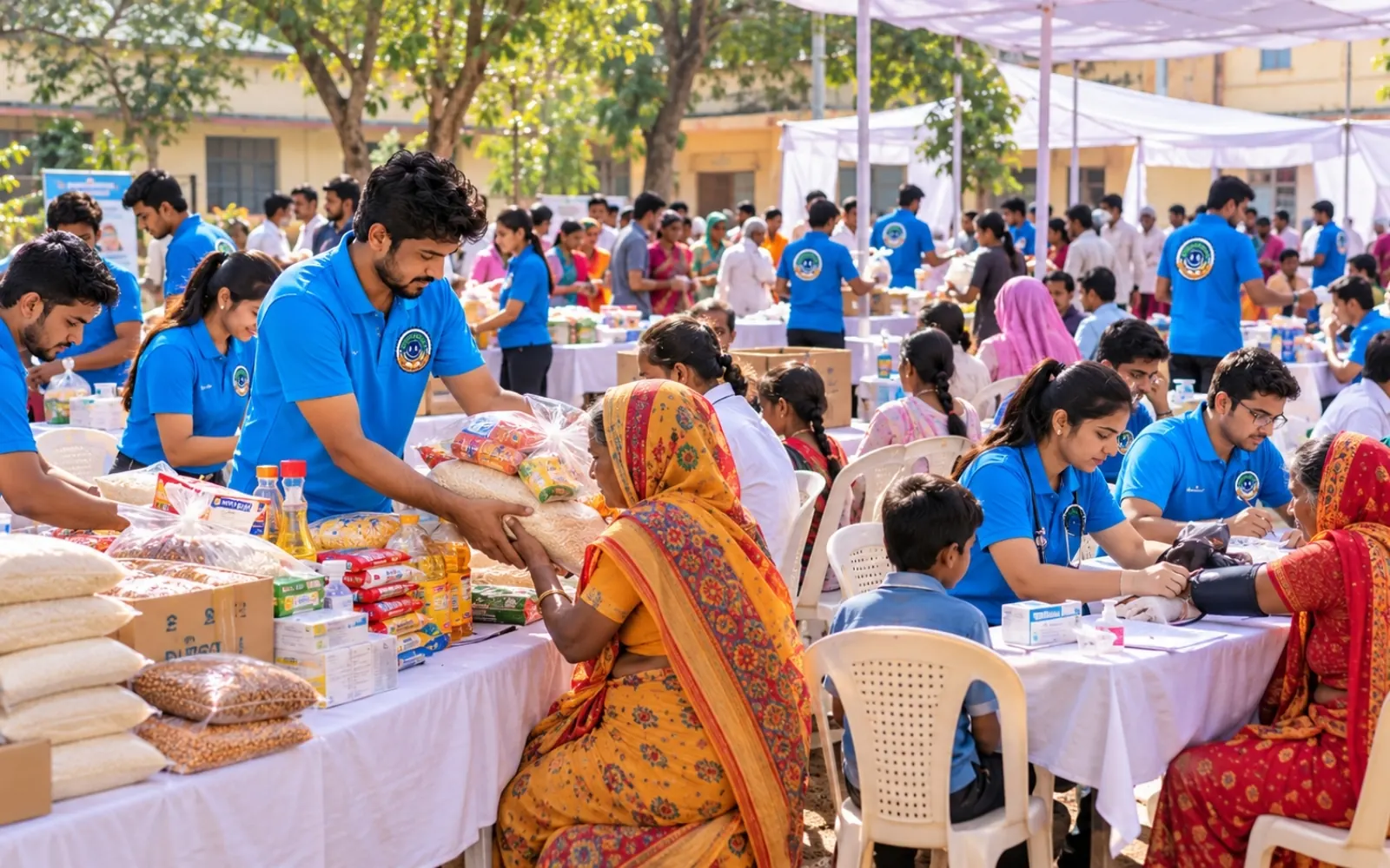 Volunteers at a combined health and ration camp