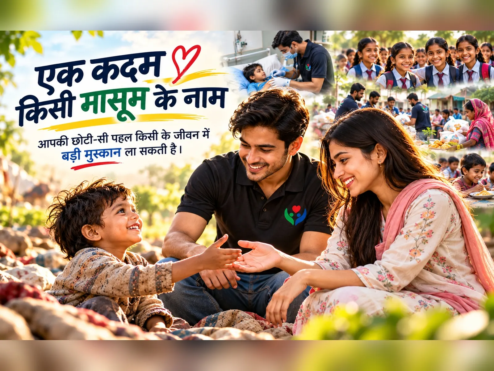 Ek kadam kisi masoom ke naam — a volunteer and a family with a smiling child